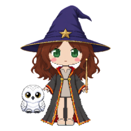 A witch in Gryffindor House robes and a pointed hat, auburn waves, green eyes, a snowy owl at her feet and an oak wand in hand.