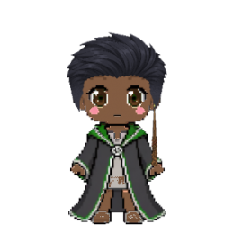 A wizard in Slytherin House robes with a black undercut, deep skin tone, brown eyes and an ebony wand.