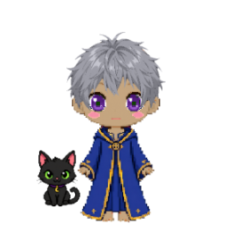 A wix in sapphire robes with messy silver hair, violet eyes and a black cat standing in front.