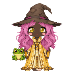 A witch in gilded robes wearing the old patched hat over long wavy pink hair, ebony skin tone, gold eyes, with a warty toad at her feet.