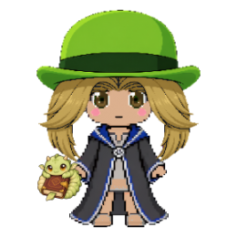 A wizard in Ravenclaw House robes and a bowler hat over blonde curtains, hazel eyes, with a bookwyrm hatchling beside him.