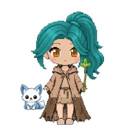 A witch in a traveling cloak with a teal ponytail, amber eyes, a frost kit at her feet and a willow wand.