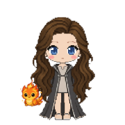 Cinder Phoenixling, beside a witch in charcoal robes