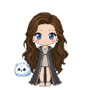 Cloud Puffskein, beside a witch in charcoal robes