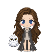 Snowy Owl, beside a witch in charcoal robes