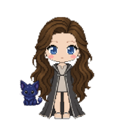 Starlit Kneazle, beside a witch in charcoal robes