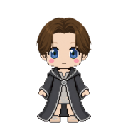 Curtains hairstyle, shown on a wizard in charcoal robes