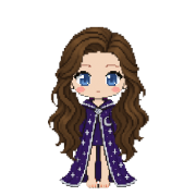 Celestial Robes, shown on a witch with long wavy brown hair