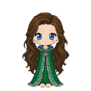 Emerald Robes, shown on a witch with long wavy brown hair