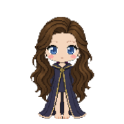 Obsidian Star Robes, shown on a witch with long wavy brown hair