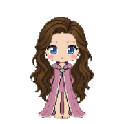 Rosequartz Robes, shown on a witch with long wavy brown hair