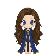 Sapphire Robes, shown on a witch with long wavy brown hair