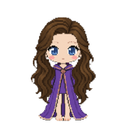 Twilight Robes, shown on a witch with long wavy brown hair