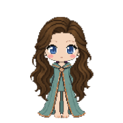Verdigris Robes, shown on a witch with long wavy brown hair