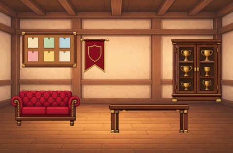A clubhouse room with a club couch, a long meeting table, a trophy case, a club banner and a notice board.