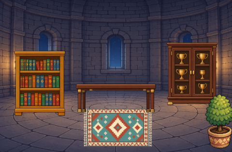 The Tower Study as a clubhouse, with a long meeting table, bookshelf, trophy case, a woven rug and a topiary shrub.