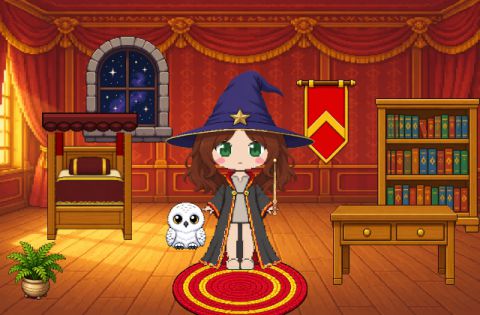 A Gryffindor dorm decorated with a scarlet four-poster bed, a House banner, a House rug, a bookshelf, a desk and a potted fern, with a witch standing in the middle of the room.