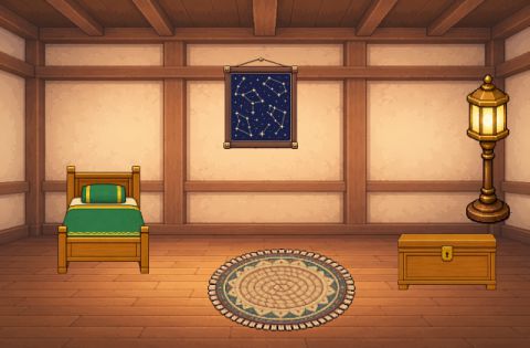The Standard Dorm furnished with a simple bed, a round rug, a star poster, an oak chest and a floor lamp.