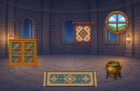 The Tower Study with a glass-front bookcase, a brass cauldron, a long runner rug, a tapestry and a round window.