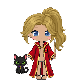 Avatar: Black Cat, Witch · Scarlet Robes, Ponytail, Oak Wand