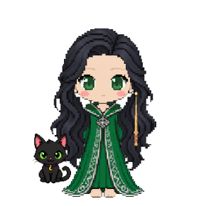 Avatar: Witch · Emerald Robes, Long Wavy, Black Cat, Oak Wand