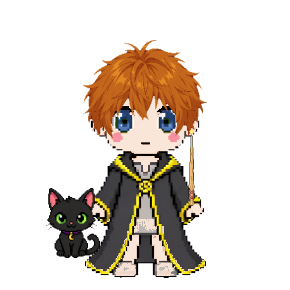 Avatar: Wizard · Hufflepuff Robes, Messy, Black Cat, Oak Wand