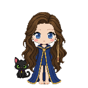 Avatar: Black Cat, Witch · Sapphire Robes, Long Wavy, Oak Wand