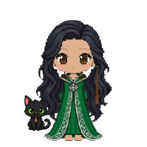 Avatar: Black Cat, Witch · Emerald Robes, Long Wavy, Ebony Wand