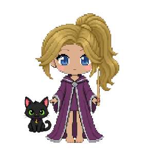 Avatar: Witch · Chief Warlock Robes, Ponytail, Black Cat, Oak Wand